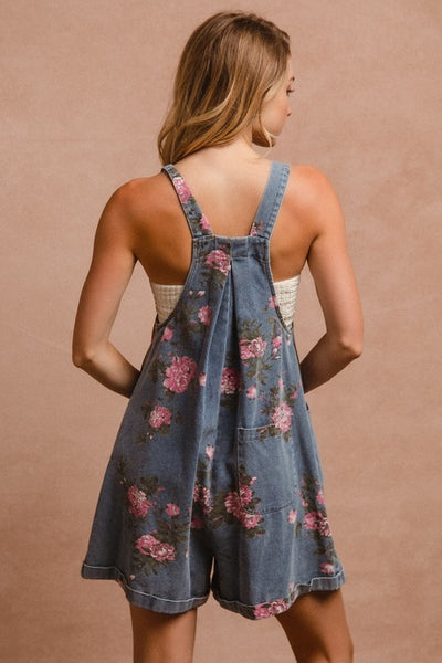 Devine Flower Wide Strap Overalls with Pockets