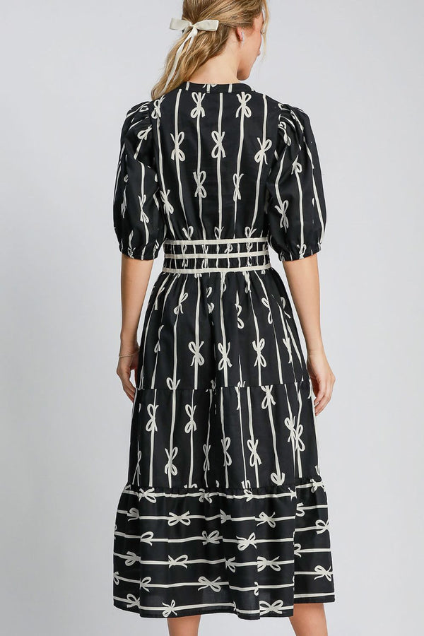 Umgee Bow Tie Print Velvet Trim Midi Dress | URBAN ECHO SHOP