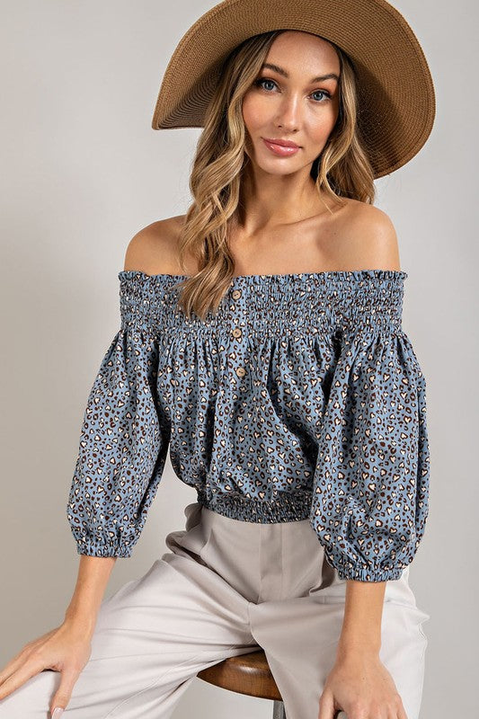 Wil Heart Animal Print Smocked Off the Shoulder Top | URBAN ECHO SHOP