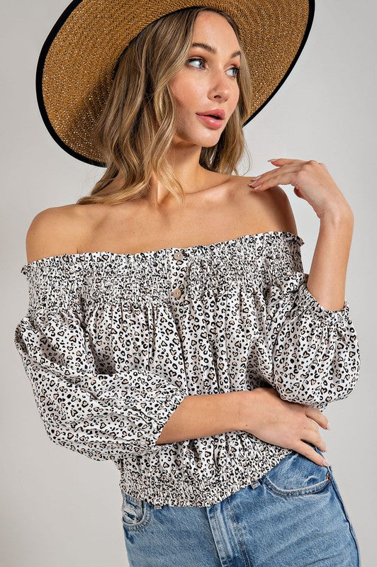 Wil Heart Animal Print Smocked Off the Shoulder Top | URBAN ECHO SHOP