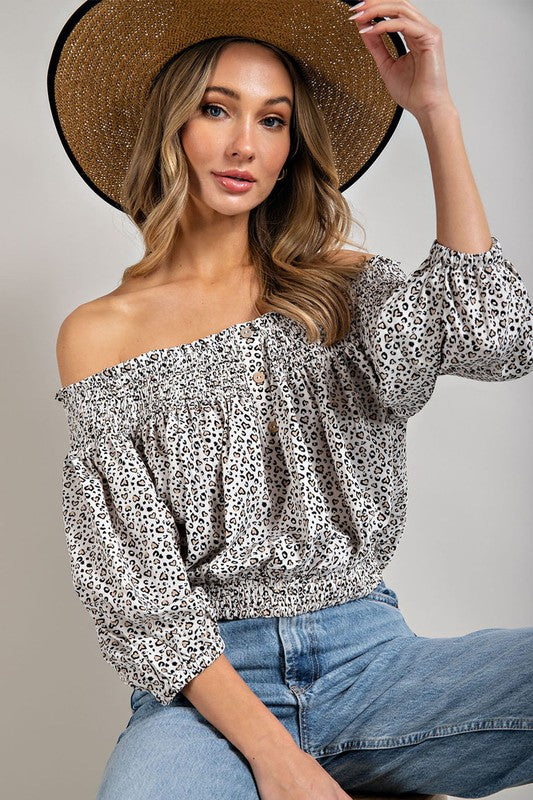 Wil Heart Animal Print Smocked Off the Shoulder Top | URBAN ECHO SHOP