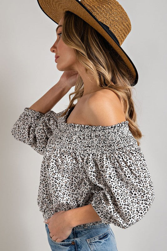 Wil Heart Animal Print Smocked Off the Shoulder Top | URBAN ECHO SHOP