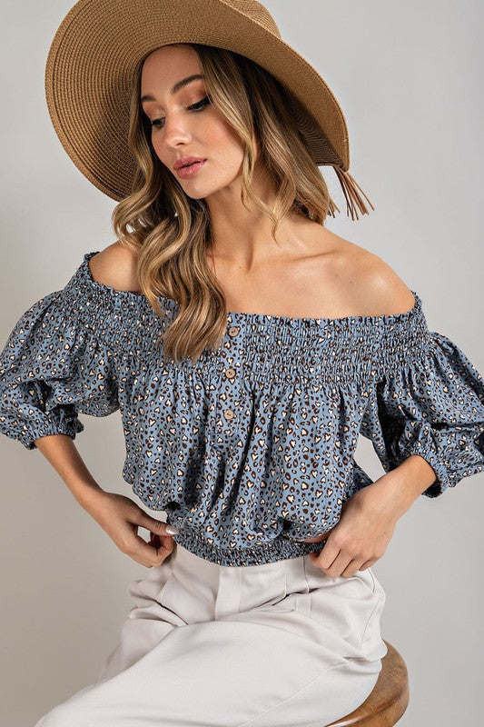 Wil Heart Animal Print Smocked Off the Shoulder Top | URBAN ECHO SHOP