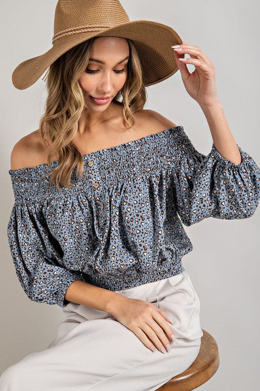 Wil Heart Animal Print Smocked Off the Shoulder Top | URBAN ECHO SHOP