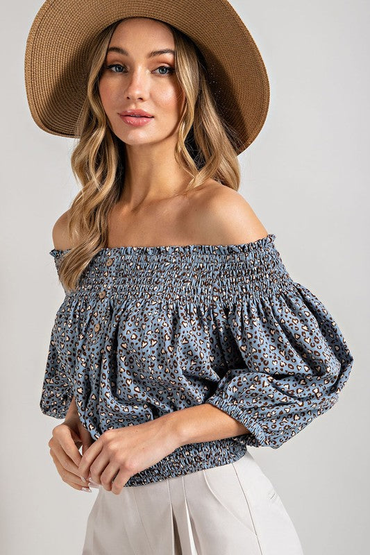 Wil Heart Animal Print Smocked Off the Shoulder Top | URBAN ECHO SHOP