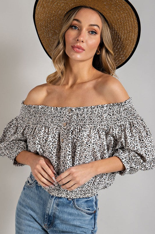 Wil Heart Animal Print Smocked Off the Shoulder Top | URBAN ECHO SHOP