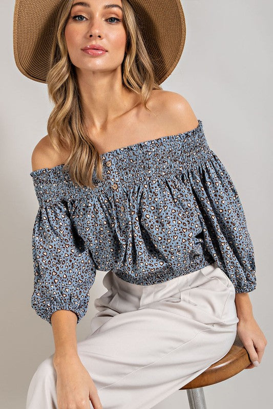 Wil Heart Animal Print Smocked Off the Shoulder Top | URBAN ECHO SHOP