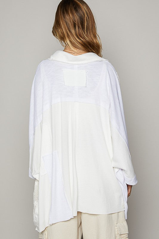 POL Crochet Patchwork Frayed Edge Half Button Knit Top | URBAN ECHO SHOP