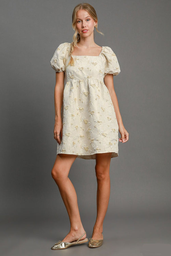 Umgee Heart Jacquard Square Neck Puff Sleeve Mini Dress | URBAN ECHO SHOP