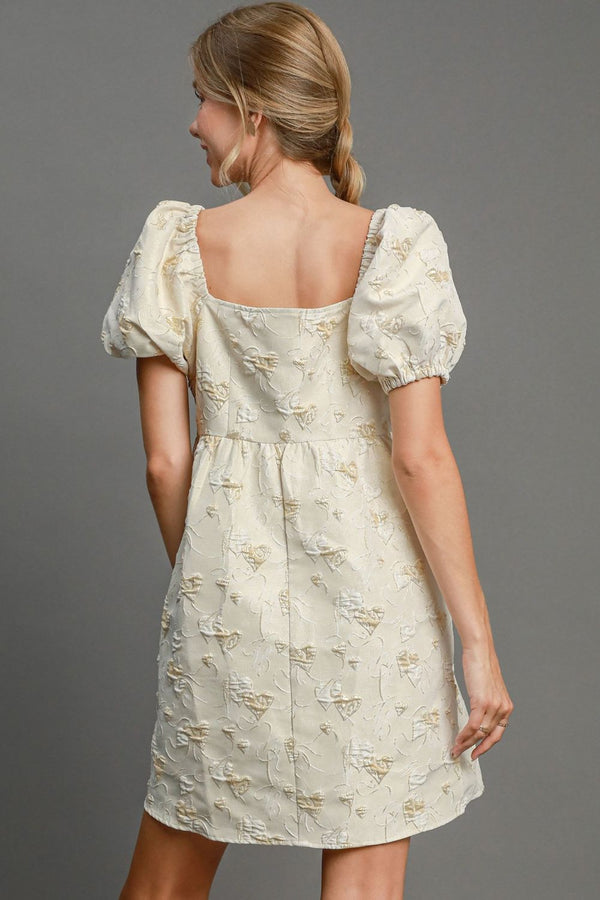 Umgee Heart Jacquard Square Neck Puff Sleeve Mini Dress | URBAN ECHO SHOP