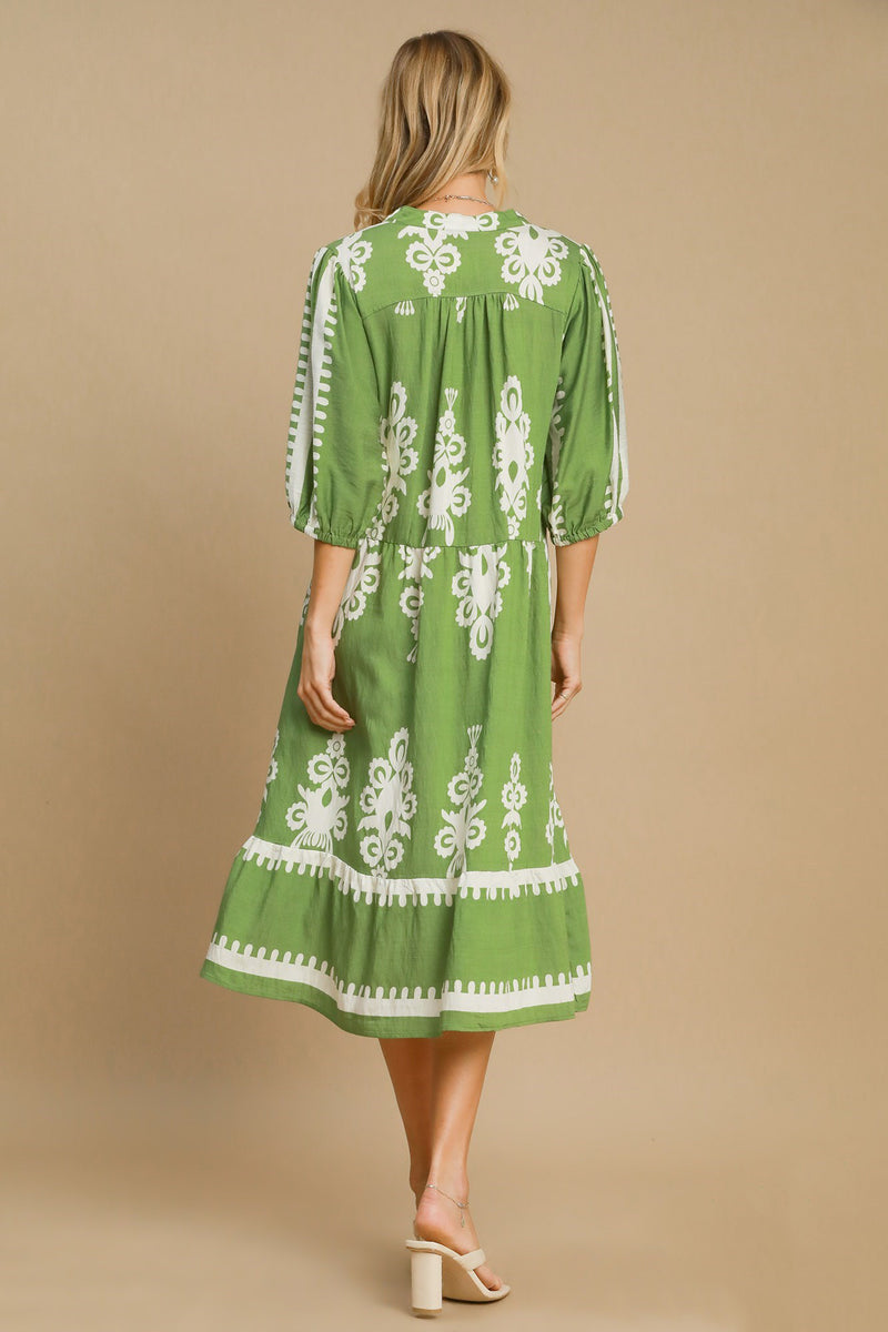 Umgee Printed Notched Midi Dress in Lime | URBAN ECHO SHOP