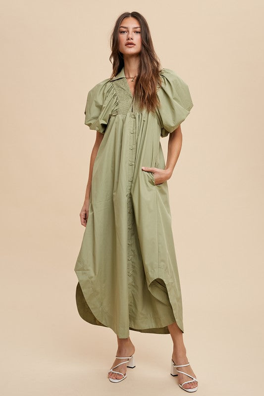 Annie Wear Smocked Puff Sleeve Midi Dress in Sage | URBAN ECHO SHOP