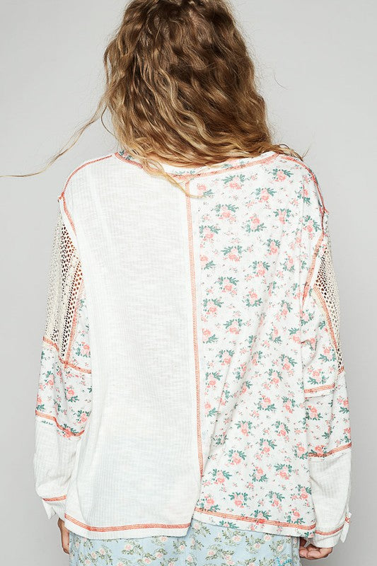 POL Floral Crochet Patch V-Neck Top in Off White | URBAN ECHO SHOP