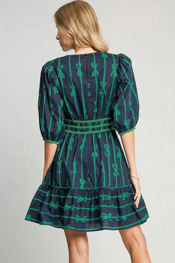 Umgee Ribbon Print Frill Contrast Velvet Trim Half Sleeve Dress | URBAN ECHO SHOP