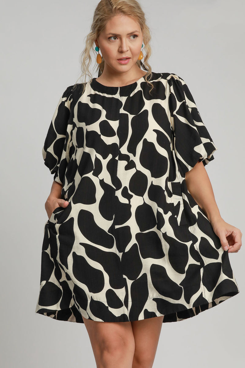 Umgee Abstract Puff Sleeve Dress in Black | URBAN ECHO SHOP