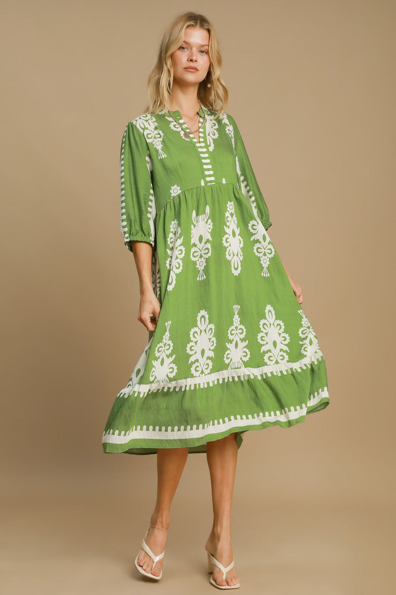 Umgee Printed Notched Midi Dress in Lime | URBAN ECHO SHOP