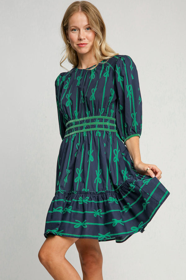 Umgee Ribbon Print Frill Contrast Velvet Trim Half Sleeve Dress | URBAN ECHO SHOP