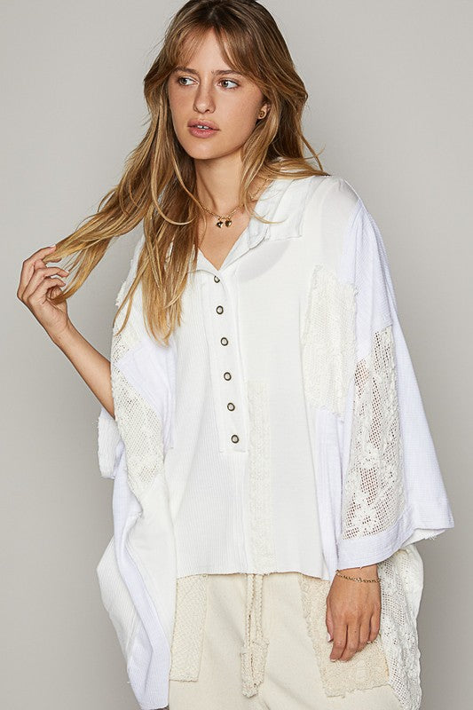 POL Crochet Patchwork Frayed Edge Half Button Knit Top | URBAN ECHO SHOP