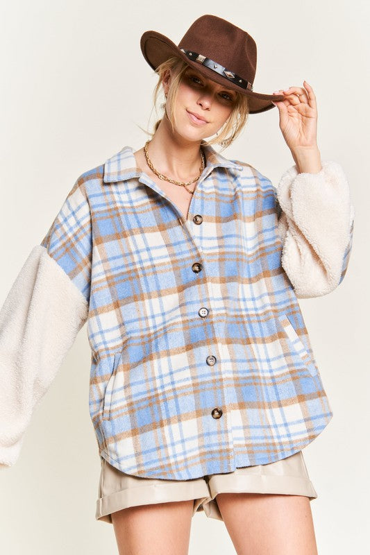 Millie Lou Multi Plaid Fuzzy Sleeve Jacket | URBAN ECHO SHOP