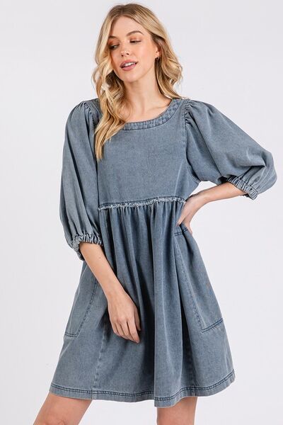 Washed Round Neck Puff Sleeve Denim Dress2