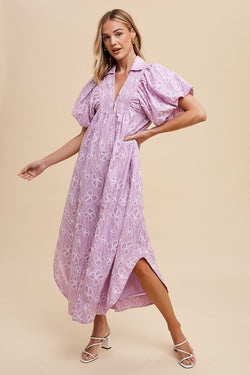 Annie Wear Floral Smock Detail Puff Sleeve Dress in Lilac