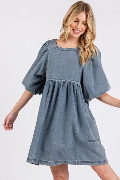 Washed Round Neck Puff Sleeve Denim Dress1