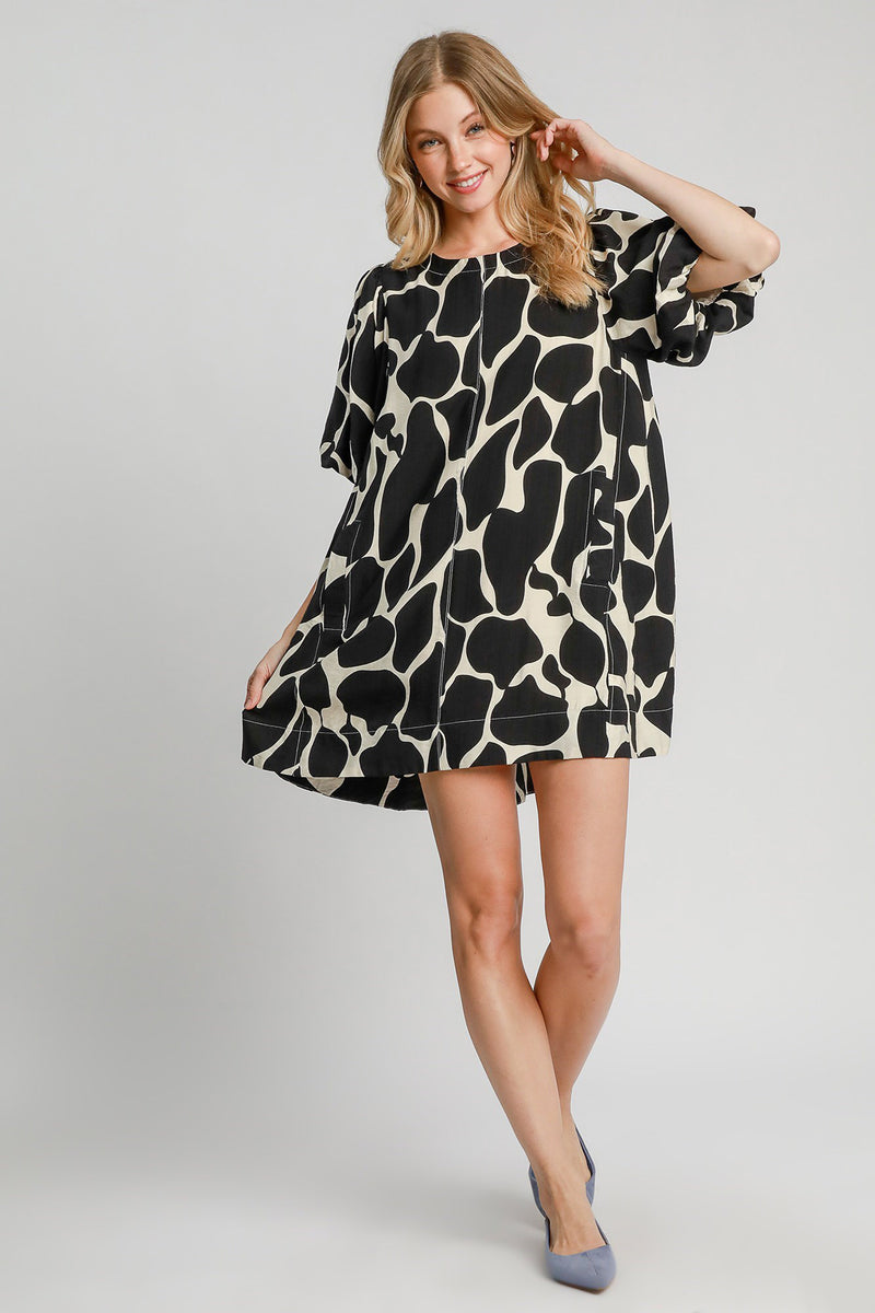 Umgee Abstract Puff Sleeve Dress in Black | URBAN ECHO SHOP