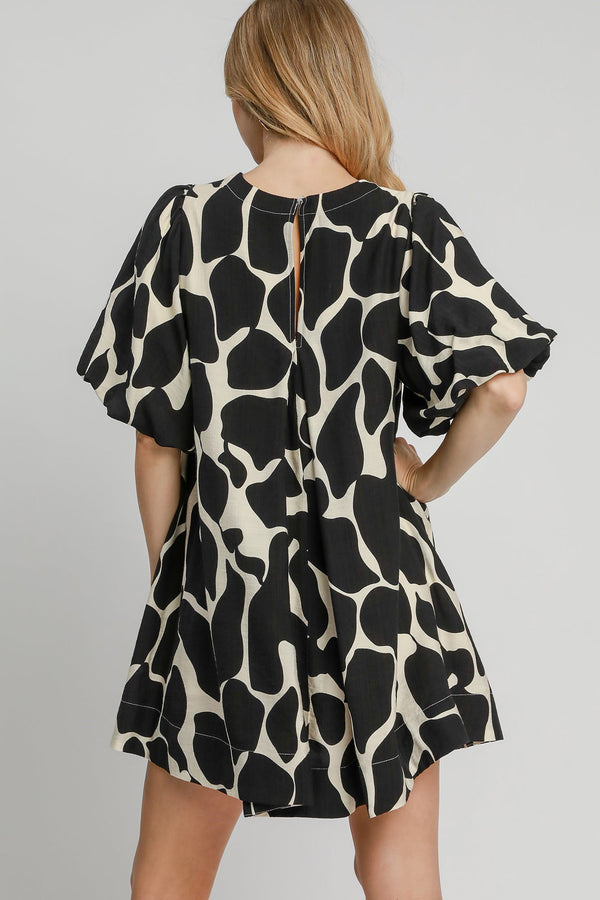 Umgee Abstract Puff Sleeve Dress in Black | URBAN ECHO SHOP
