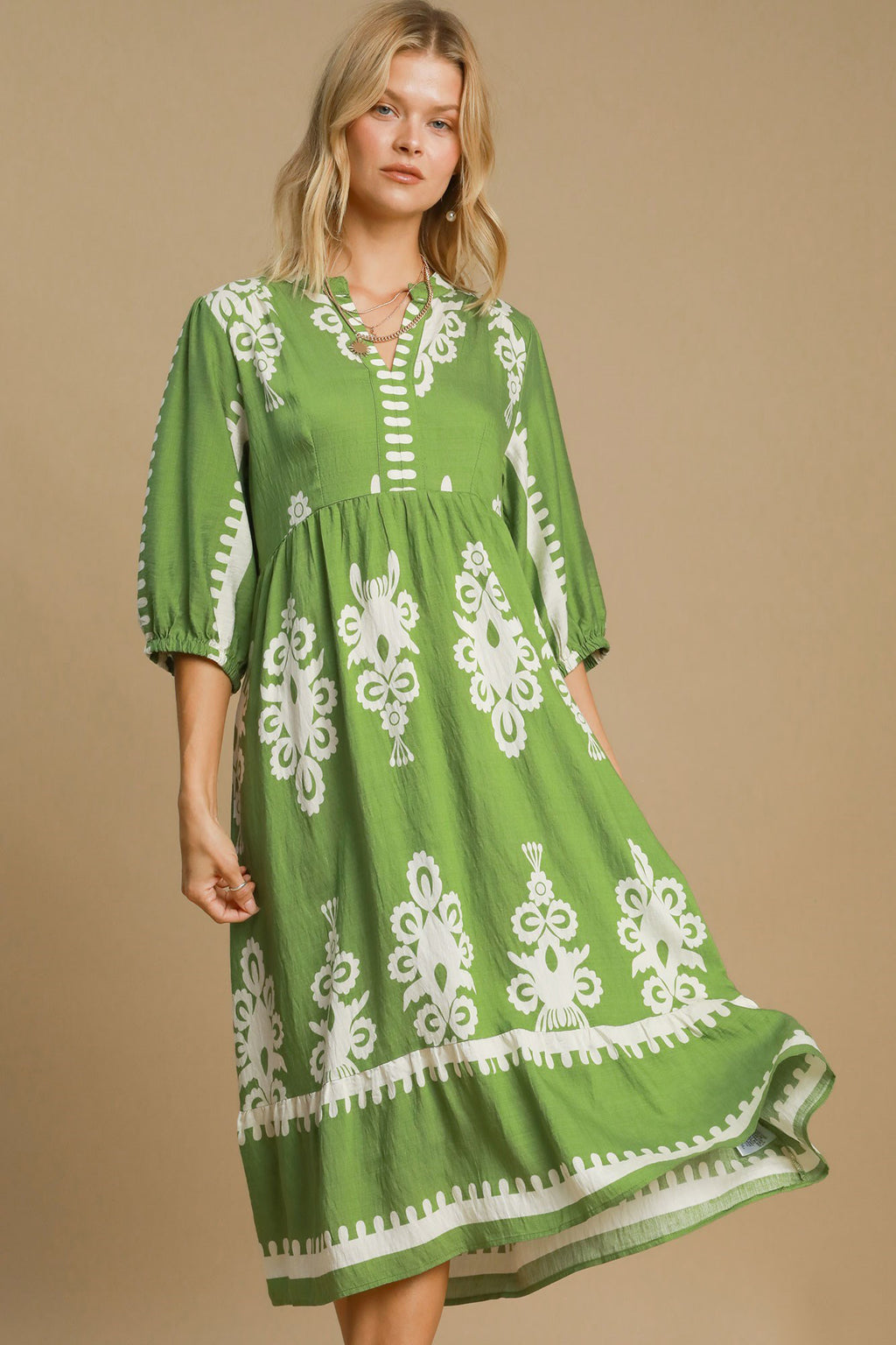 Umgee Printed Notched Midi Dress in Lime | URBAN ECHO SHOP Urban Echo Shop Umgee Printed Notched Midi Dress in Lime | URBAN ECHO SHOP Urban Echo Shop