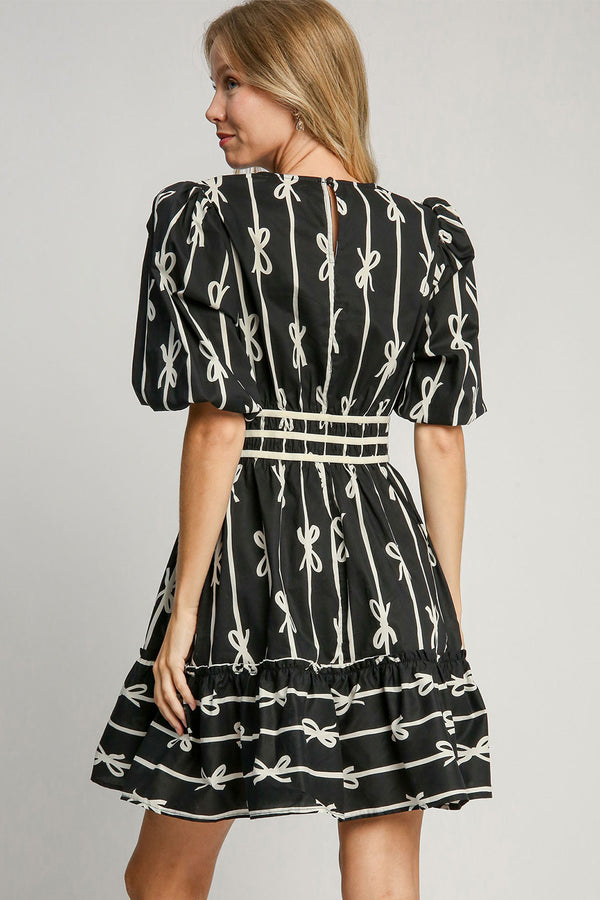 Umgee Ribbon Bow Print Velvet Trim Dress | URBAN ECHO SHOP