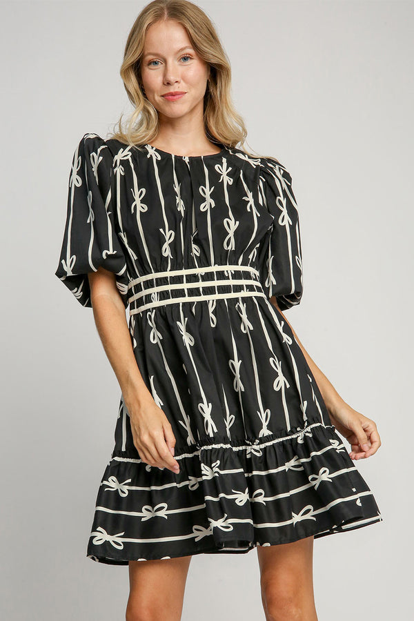 Umgee Ribbon Bow Print Velvet Trim Dress | URBAN ECHO SHOP