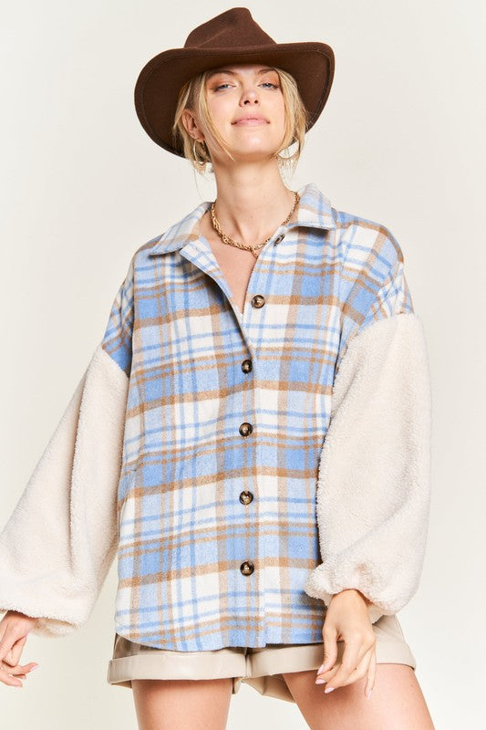 Millie Lou Multi Plaid Fuzzy Sleeve Jacket | URBAN ECHO SHOP