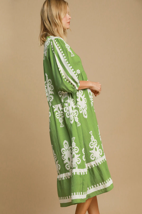 Umgee Printed Notched Midi Dress in Lime | URBAN ECHO SHOP