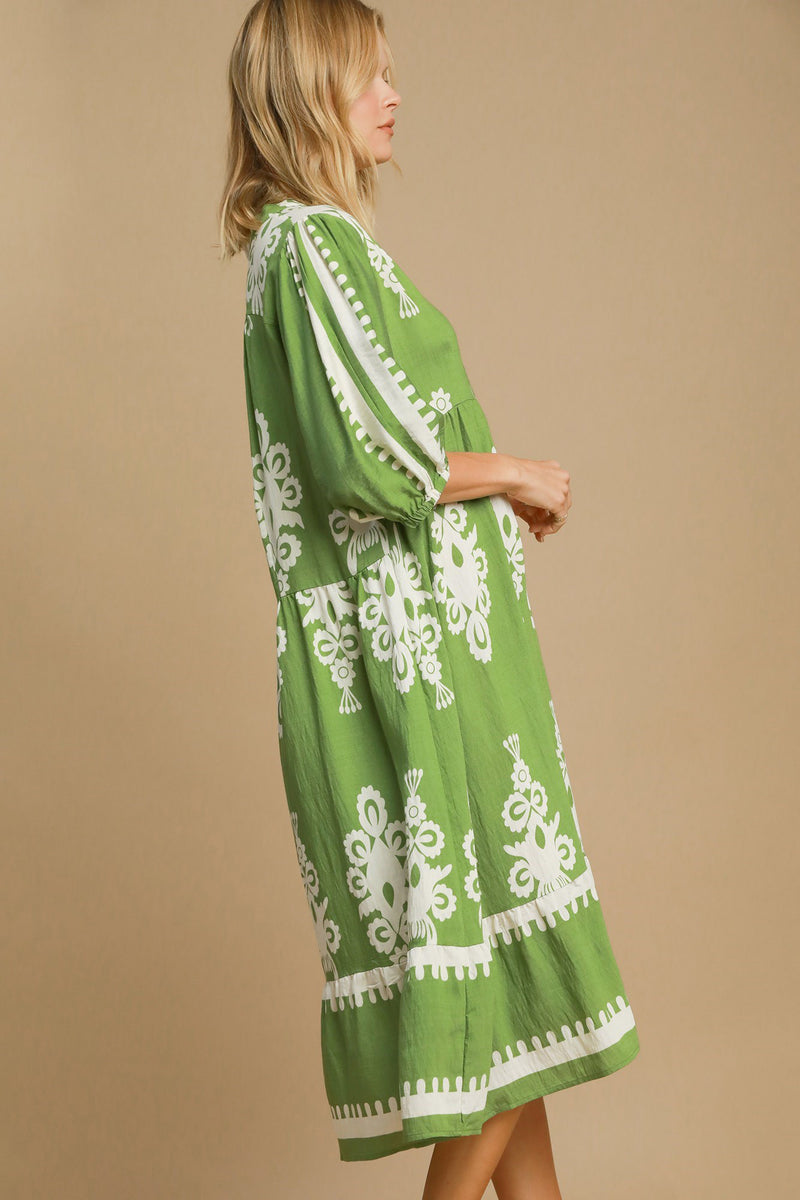 Umgee Printed Notched Midi Dress in Lime | URBAN ECHO SHOP