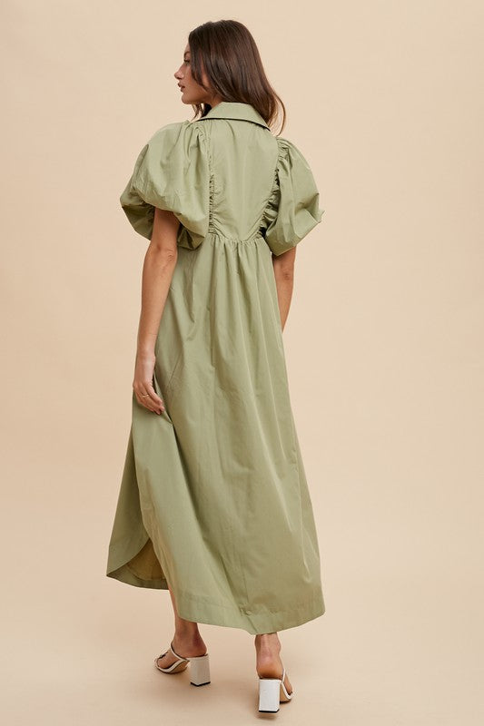 Annie Wear Smocked Puff Sleeve Midi Dress in Sage | URBAN ECHO SHOP