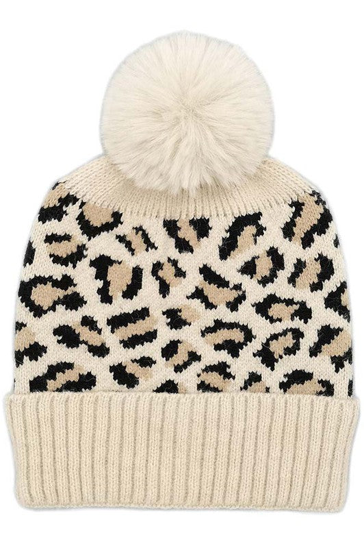 Leopard Pom Pom Beanie Hat | URBAN ECHO SHOP