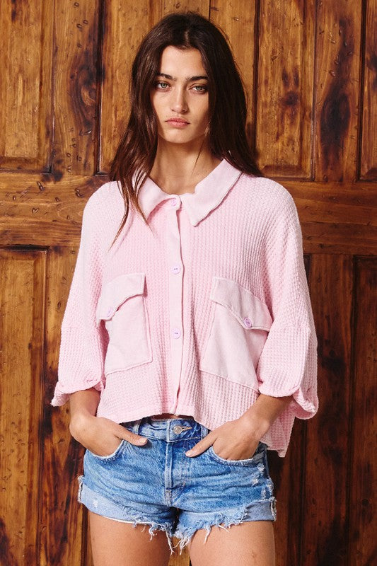 Mariella Washed Waffle Knit Cropped Shacket | URBAN ECHO SHOP