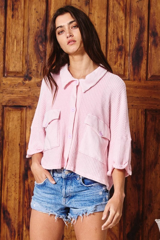 Mariella Washed Waffle Knit Cropped Shacket | URBAN ECHO SHOP
