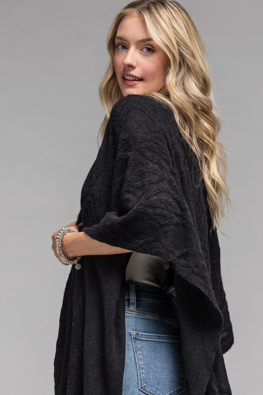 Black Betty Embossed Ruana with Tassels | URBAN ECHO SHOP