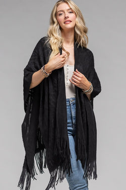 Black Betty Embossed Ruana with Tassels | URBAN ECHO SHOP