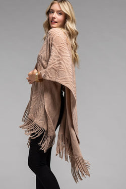 Taupe Betty Embossed Ruana with Tassels | URBAN ECHO SHOP