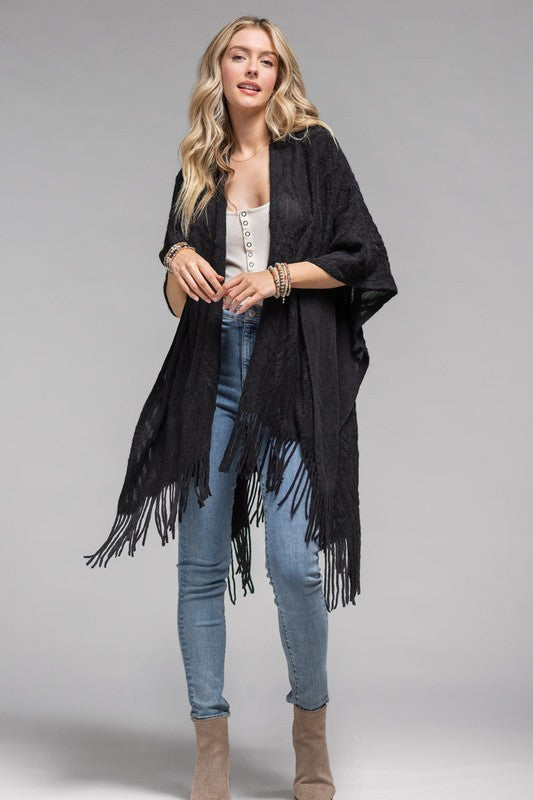 Black Betty Embossed Ruana with Tassels | URBAN ECHO SHOP