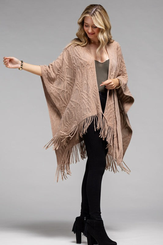 Taupe Betty Embossed Ruana with Tassels | URBAN ECHO SHOP