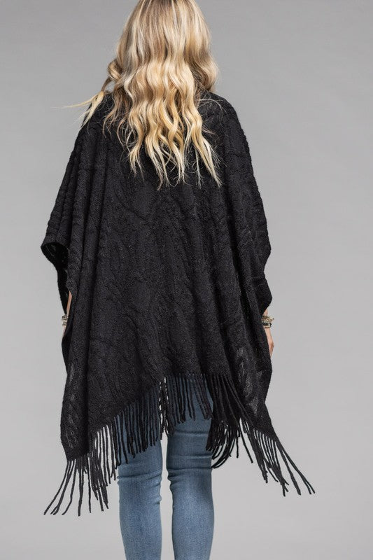 Black Betty Embossed Ruana with Tassels | URBAN ECHO SHOP