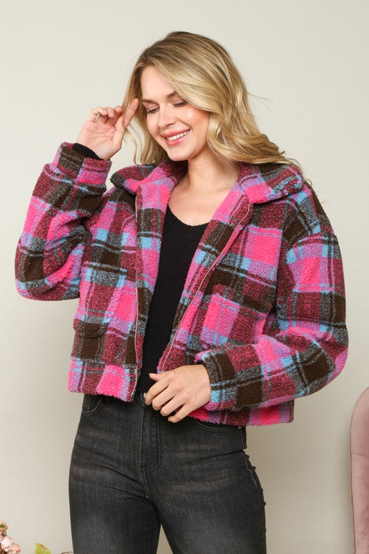 Darla Lee Sherpa Plaid Crop Jacket | URBAN ECHO SHOP
