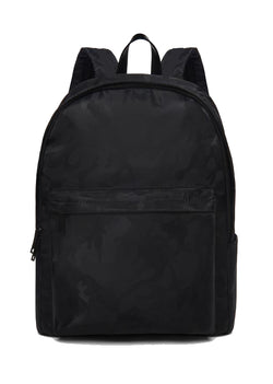 a black suitcase with a backpack on it 