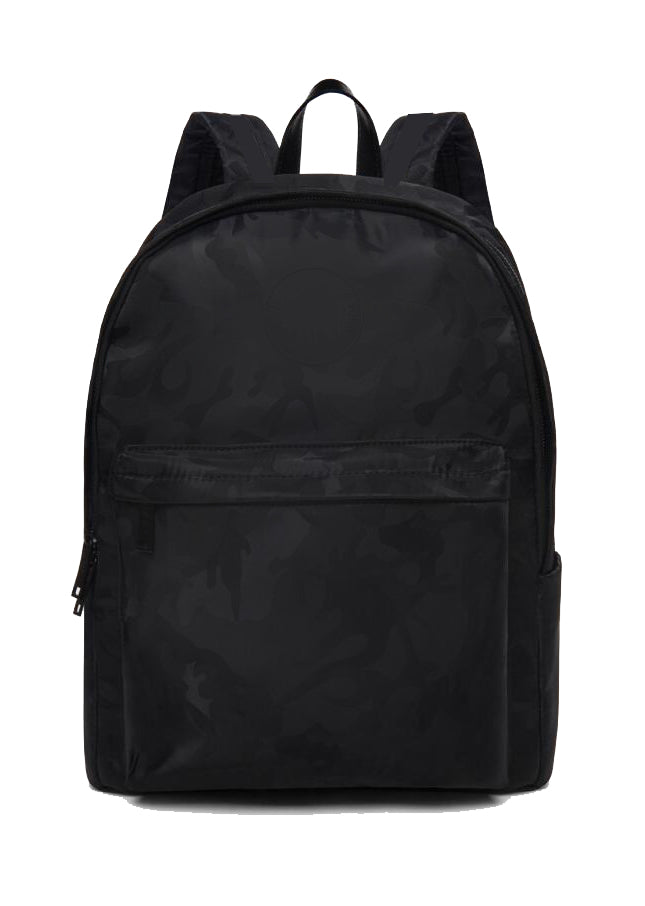 a black suitcase with a backpack on it 